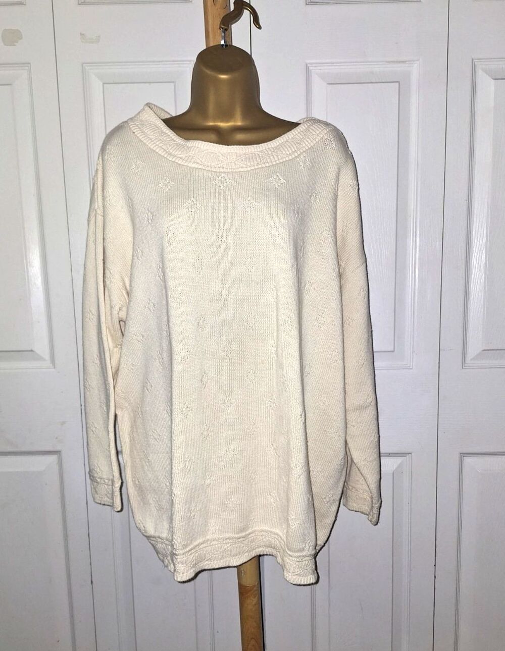 Cream Pointelle Knit Long Sweater Womens XL Cottage Feminine Cozy Warm Fisherman
